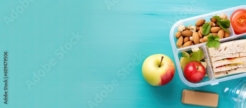 Healthy lunch in plastic lunchbox with natural food, apple, plum, blueberries, nuts, sandwich, water bottle, cutlery, and color pencils, brightening up school day on turquoise backdrop.