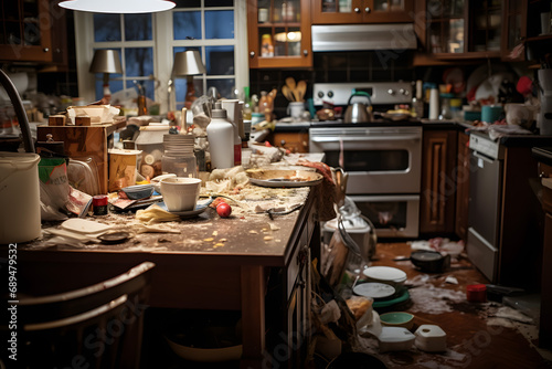 Dirt and disorder in the kitchen - piles of garbage and dirty dishes. Cleaning concept.