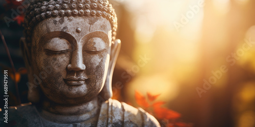 Mindful background with peaceful buddha statue meditating in the sunrise photo