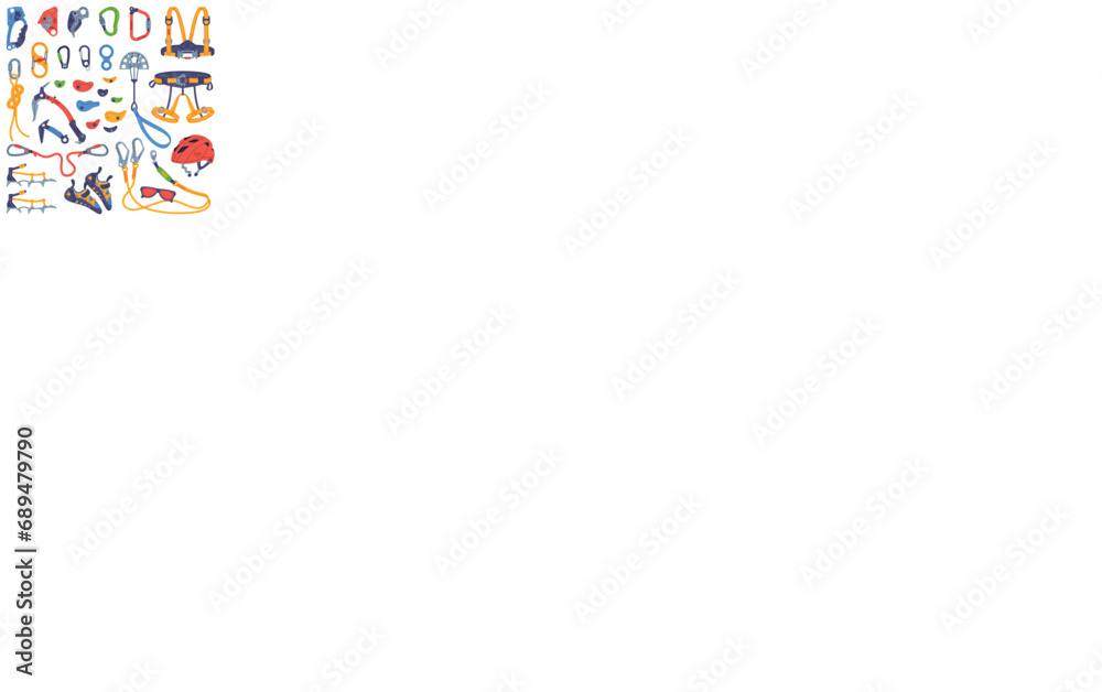 Climbing Equipment with Rope, Pickaxe and Safety Harness Vector Set