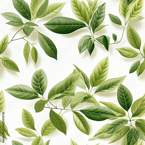 Seamless background of green leaves on a white background. Generated by AI.