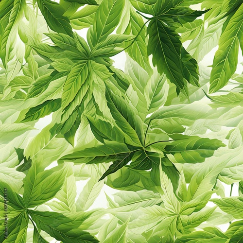Seamless background of green leaves on a white background. Generated by AI.