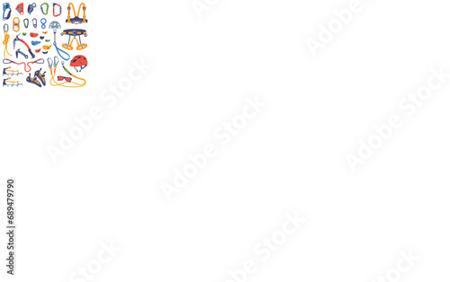 Climbing Equipment with Rope, Pickaxe and Safety Harness Vector Set