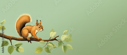 Illustration of squirrel with acorn on green tree branch. © AkuAku