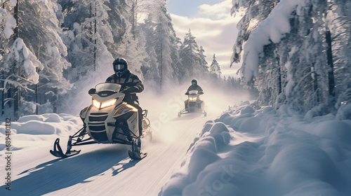 Two Snowmobiler riding on a trail in the forest on a cold winter day.