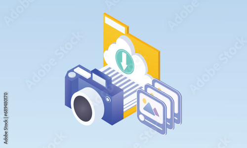 3d minimal Cloud storage with digital data and files Upload photos and videos to the cloud.on Pastel Blue background.3d vector icon for technology,business illustration.