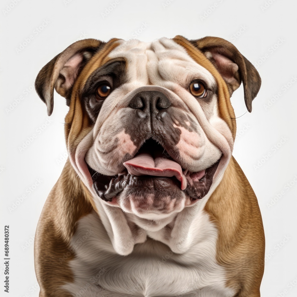 Close-up of a bulldog against a white background.