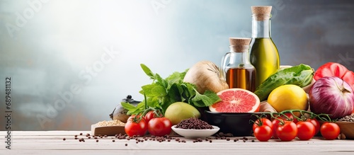 Healthy food assortment for cooking on a kitchen table, embodying the concept of balanced nutrition in a flexitarian Mediterranean diet. photo