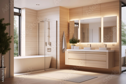 The interior of a modern bright bathroom. A comfortable bathtub by the window  a large mirror with a dressing table  green plants. A cozy spacious bathroom in pastel beige tones in an apartment  house