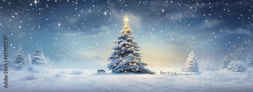 Christmas background with snowy fir trees and falling snowflakes. Panorama. © Gallery BD