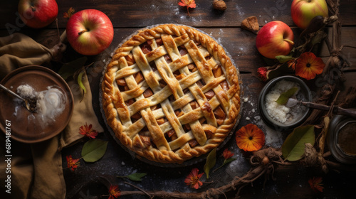 Autumn apple pie on rustic wood background with ingredients. Seasonal baking.