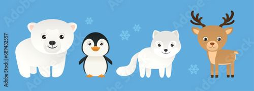 Fototapeta Naklejka Na Ścianę i Meble -  Cute funny polar animals set. Set of vector simple illustration. Polar bear, penguin, reindeer and arctic fox.  Cartoon icons