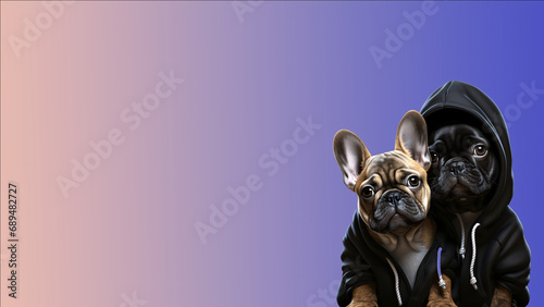 Pastel gradient background with two adorable puppies in sweats. For advertising, banners, cards, posters, signs.