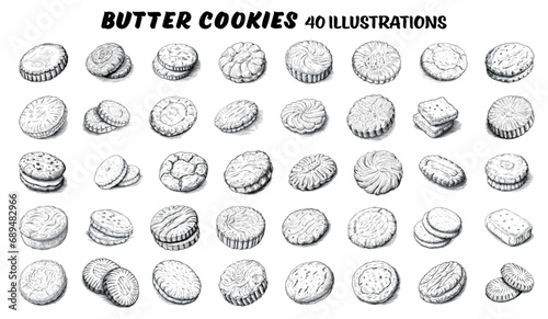 Collection of drawn butter cookies. Sketch illustration	