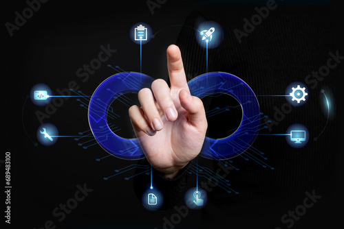 hand touch screen and double exposure with infographic agile methodology  icon about technology 