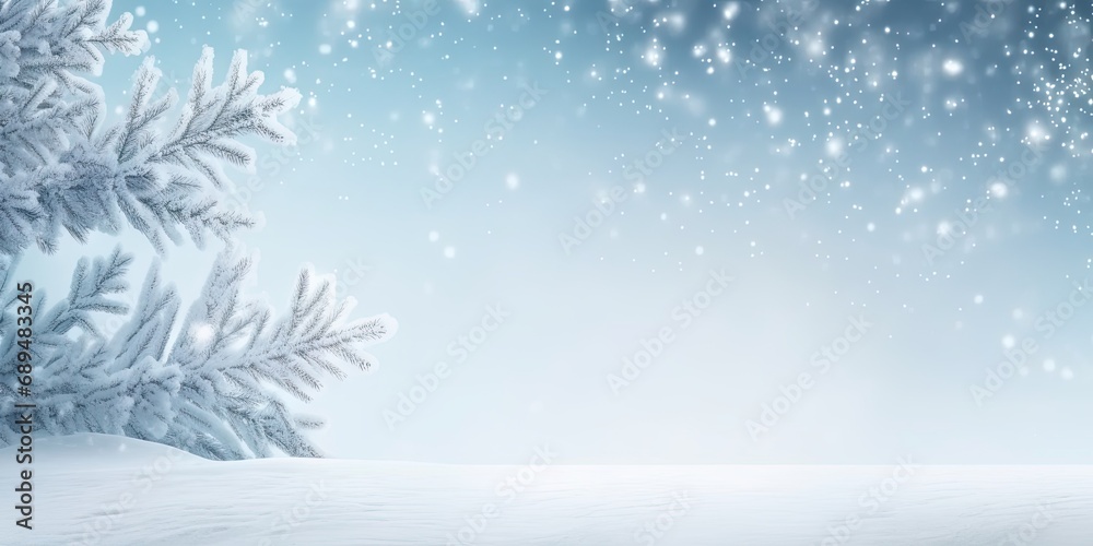 Winter wonderland. Serene seasonal scene with snowy forest icy trees and blue sky creating beautiful christmas background with fresh xmas snowfall and frosty decorations