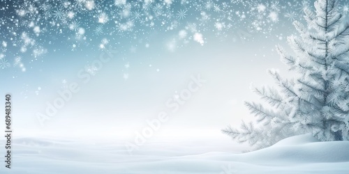 Winter wonderland. Serene seasonal scene with snowy forest icy trees and blue sky creating beautiful christmas background with fresh xmas snowfall and frosty decorations © Bussakon