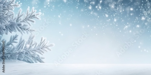 Winter wonderland. Serene seasonal scene with snowy forest icy trees and blue sky creating beautiful christmas background with fresh xmas snowfall and frosty decorations © Bussakon