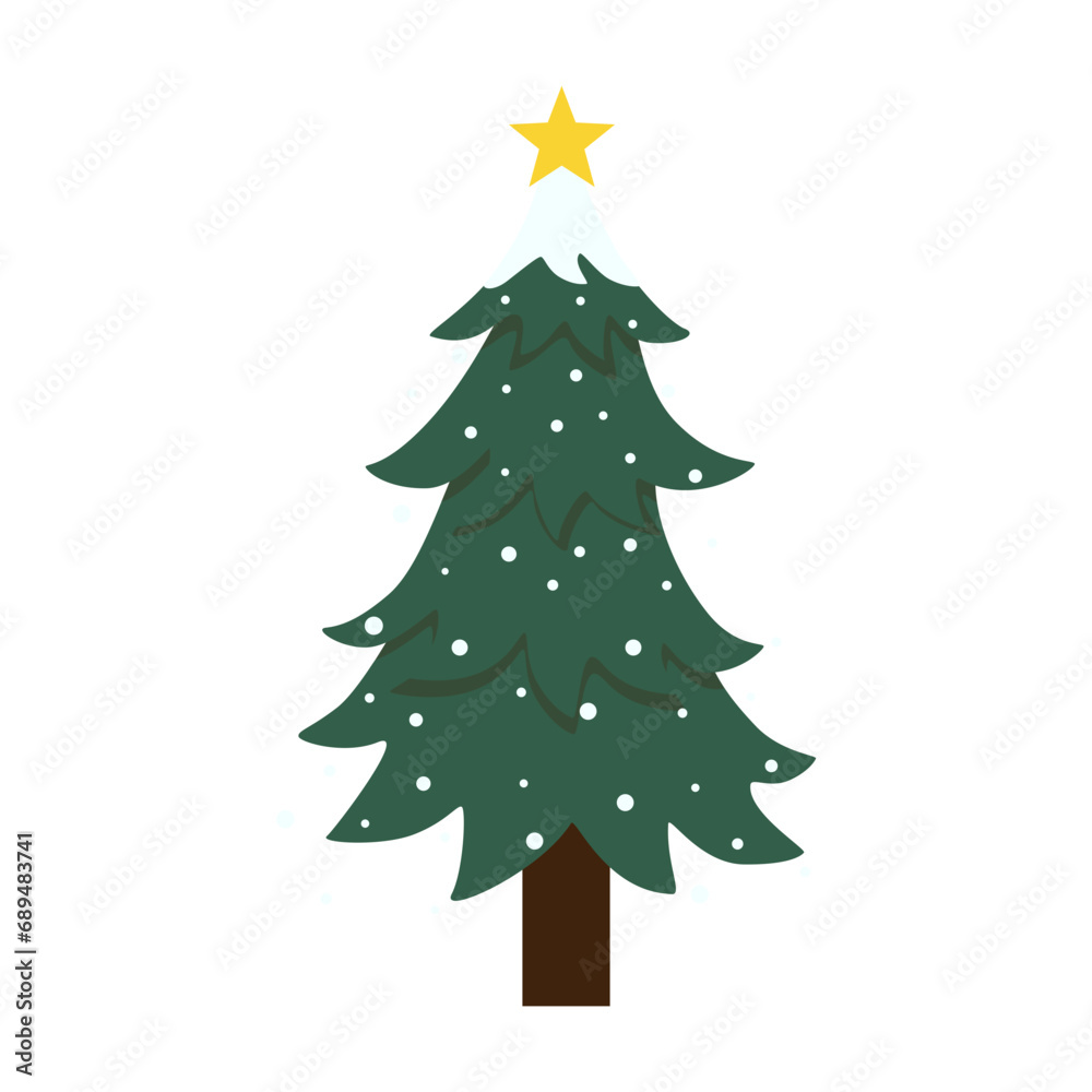 Christmas tree illustration with christmas ornament. Vector illustration isolated on white background, template for design, greeting card, invitation.