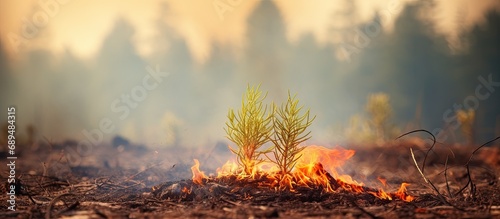Burning young pine in forest fire - visualizing wildfires or prescribed burning.