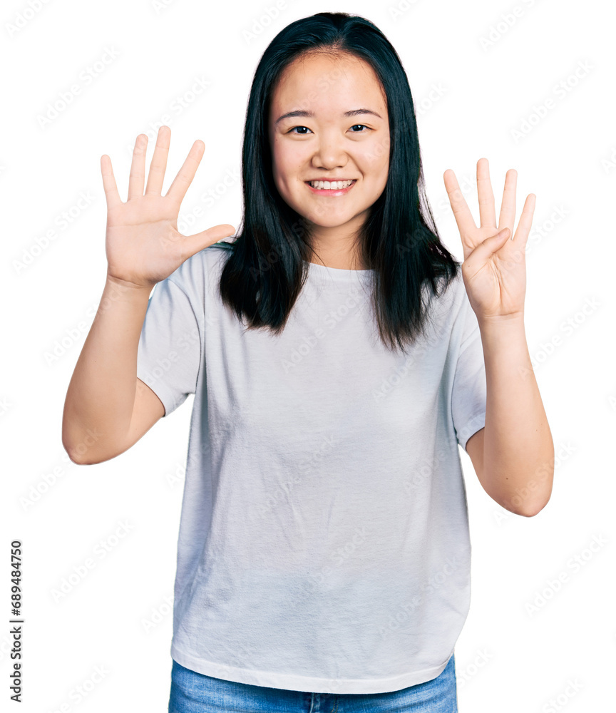 Young chinese woman wearing casual white t shirt showing and pointing up with fingers number nine while smiling confident and happy. Young chinese woman wearing casual white t shirt showing and pointing up with fingers number nine while smiling confident and happy.