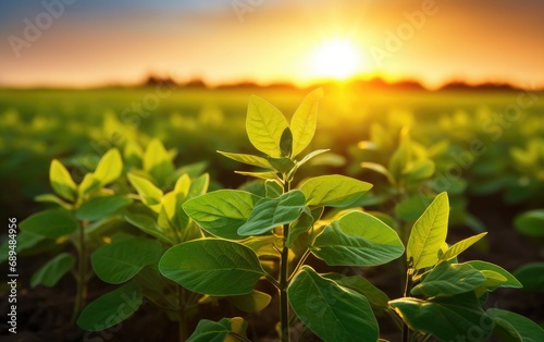 Soy field and soy plants in early morning light