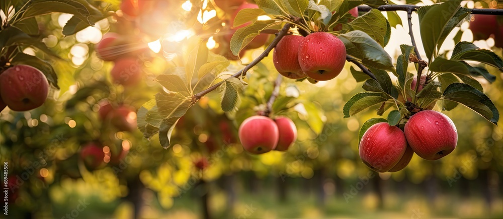 Apple trees in an orchard with red fruit.