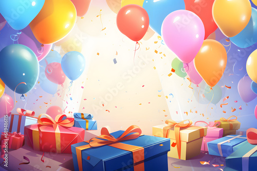 Colorful balloons and confetti on the stage. Vector illustration.