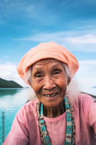 Elderly woman with a beaming smile in a pink hat  embodying joyful solo travel against a clear blue sky