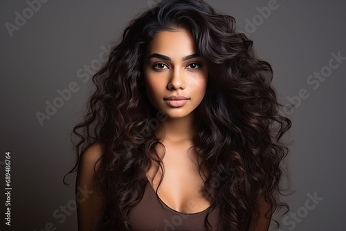 Beautiful indian girl with curly hair isolated on grey background