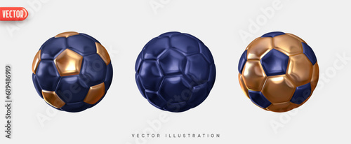 Soccer ball. Football balls Set realistic 3d design style. Leather texture blue electric and gold color. Mockup of sports elements isolated on white background. vector illustration