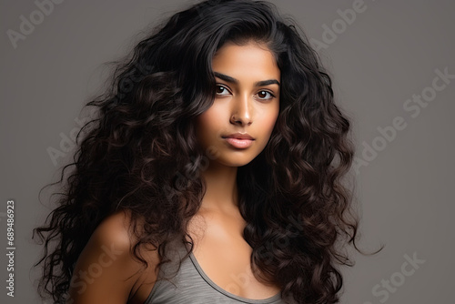 Beautiful indian girl with curly hair isolated on grey background