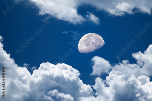 beautiful background of blue sky with white clouds an a full moon