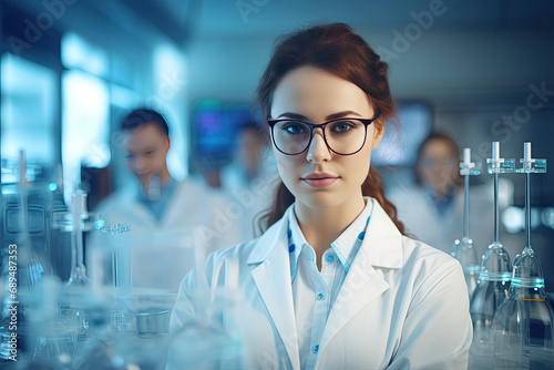 young woman scientist wearing white coat and glasses with specialists on background