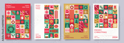 Merry Christmas and Happy New Year set of geometric abstract geometric card design. Trendy modern minimalist style. Holiday invitation, banner, poster, cover template.