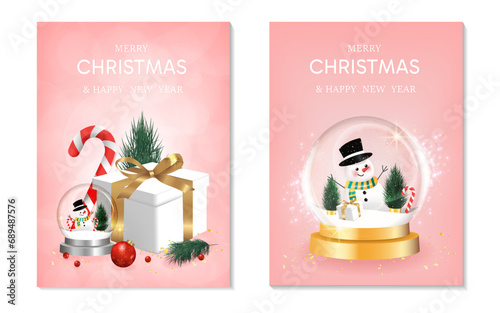 Happy New Year background set. transparent christmas balls with star and box of gifts strewn with snow on pink background, realistic 3d decorative garland glow. Xmas Decorations. Vector illustration