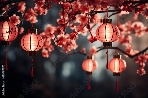 chinese new year lanterns, chinese new year dragon, fireworks in the city, wallpaper and social media background for china newyears festival photo