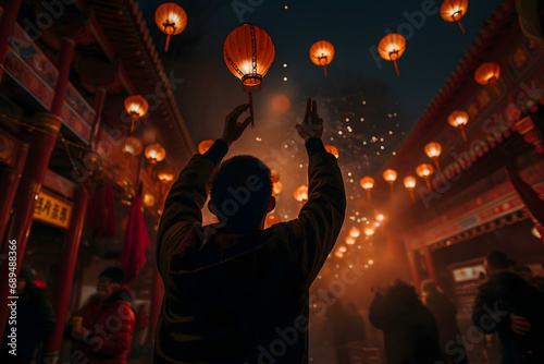 chinese new year lanterns, chinese new year dragon, fireworks in the city, wallpaper and social media background for china newyears festival © fadi