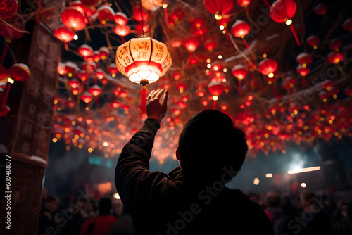 chinese new year lanterns, chinese new year dragon, fireworks in the city, wallpaper and social media background for china newyears festival