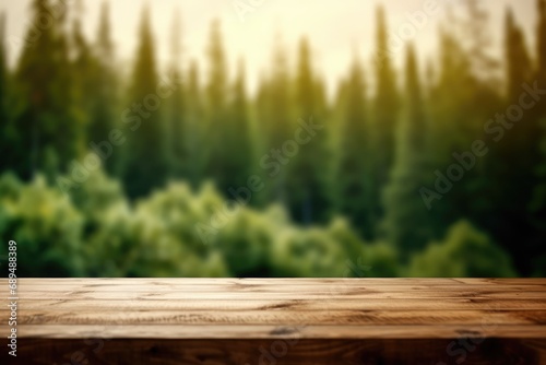 The empty wooden table top with blur background of boreal forest. Exuberant image. generative ai
