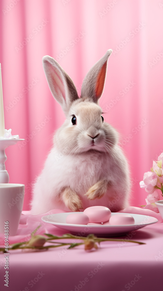 Fototapeta premium Easter bunny rabbit on pink background. Easter holiday concept.