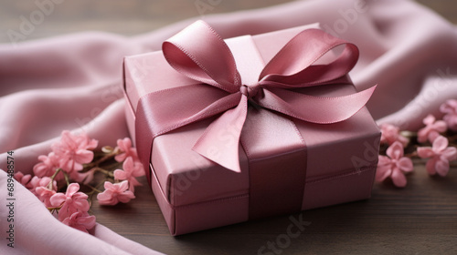 Elegant pink gift box tied with a satin ribbon and adorned with delicate cherry blossoms, perfect for a thoughtful present or celebration.