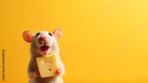 White rat holding a piece of cheese on a yellow background. photo