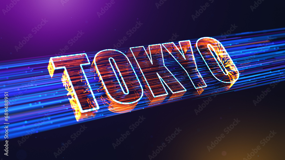 Αυτοκόλλητο Futuristic Purple Blue Orange Blurry Focus Tokyo 3D Perspective Text, Japan Capi