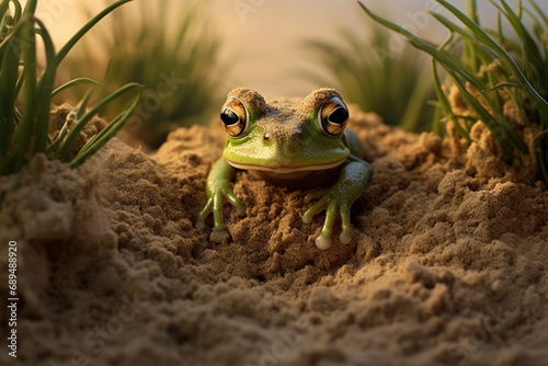 a frog is hiding in the sand