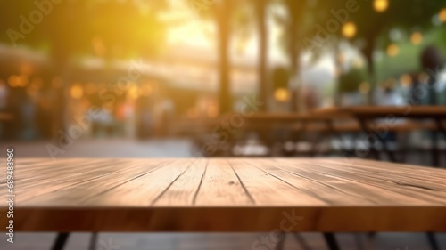 The empty wooden table top with blur background of outdoor cafe in the morning. Exuberant image. generative ai