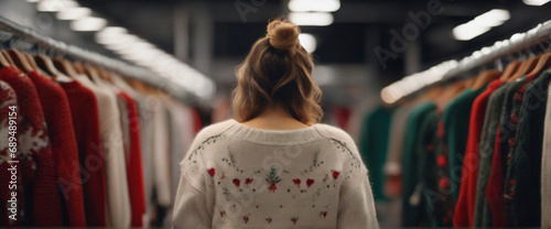Woman choosing Christmas sweater from rack near white wall