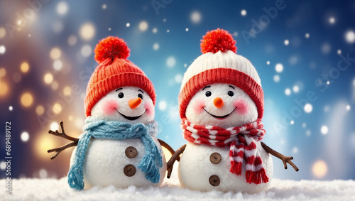 winter christmas background banner Cute doll with fur hat and scarf snowy.