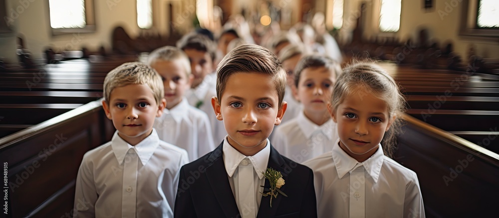 Obraz na płótnie Kids at Catholic church participating in First Holy Communion ceremony w salonie