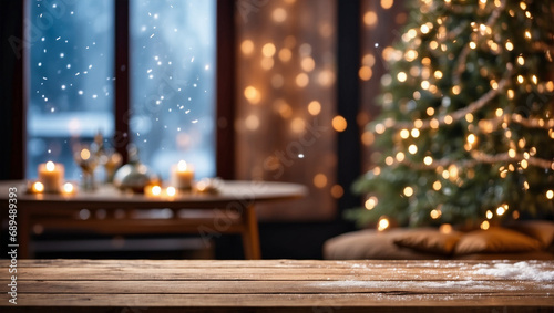 Wood table top with blurry christmas tree with blurry background for display products.